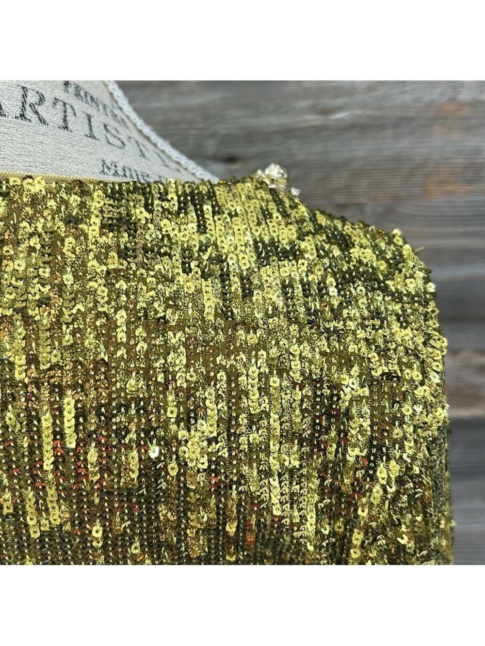 Theia Green Sequin Mesh Faux Wrap MIDI Dress 3/4 Length Sleeve Size 4 NWT - Picture 9 of 12